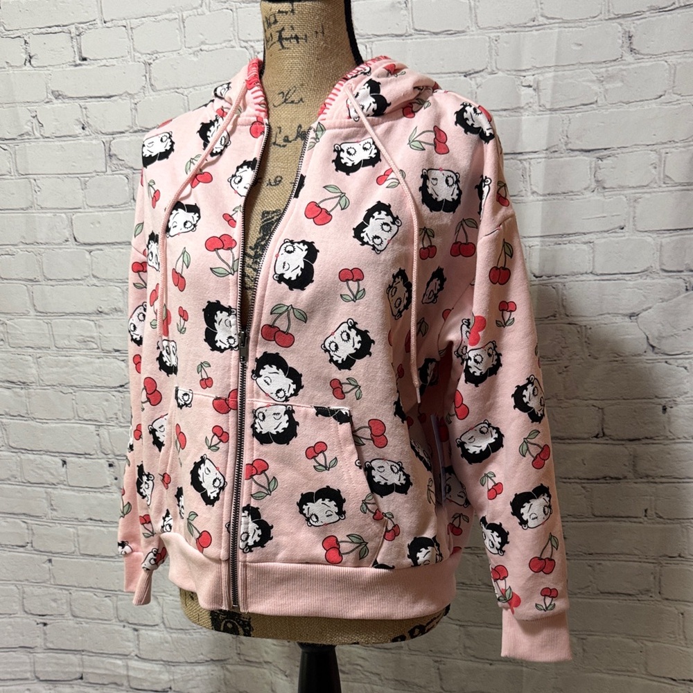 Betty Boop Fleischer Pink Zip Hoodie with Cartoon and Cherry Print front pockets